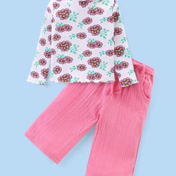 Babyhug Cotton Knit Full Sleeves Floral Printed Turtle Neck Top & Loose Fit Lounge Pants Set - White & Pink-image-26