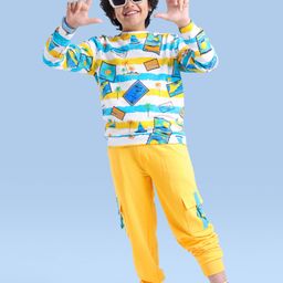 Ollington St. 100% Cotton Knit Full Sleeves Sweatshirt & Joggers Winter Wear Set With Tropical Theme Print - Yellow & White-picture-24