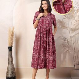 Zelena 100% Viscose Rayon Half Sleeves Geometric Printed Maternity Zipless Feeding Dress With Nursing Access - Wine-image-32