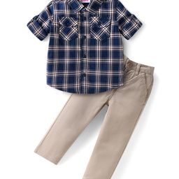 Babyhug Cotton Woven Full Sleeves Checkered Shirt and Trouser Set - Grey & Navy Blue-image-55