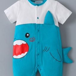 Mark & Mia Cotton Half Sleeves Front Cut & Sew Romper with Shark Applique - Light Blue & White-image-80
