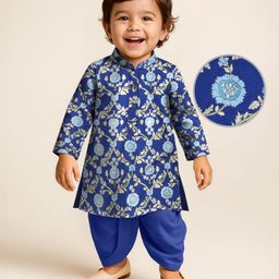 EARTHY TOUCH Single Jersey Knit Full Sleeves Floral Printed Kurta Dhoti Set - Navy Blue-image-95