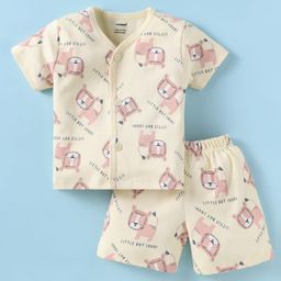CUCUMBER Sinker Knit Half Sleeves Shorts Night Suit With Lion Print - Lemon-image-23