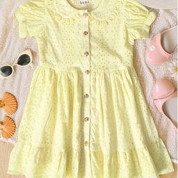 Bella Moda Cotton Half Puffed Sleeves Schiffli Embroidered Dress - Yellow-image-97