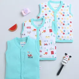BUMZEE Cotton Woven Sleeveless Jhablas With Star & Vehicle Print Pack Of 3 - Light Blue & White-picture-7