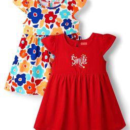 Babyhug Single Jersey Knit Cap Sleeves Floral Printed Frocks Pack of 2 - Red & White-image-90