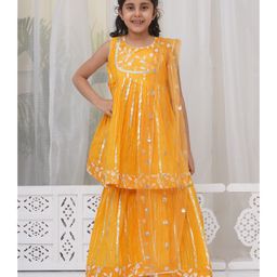 Little Bansi Cotton Sleeveless Floral Embroidered Lace Embellished Frock Style Kurta With Coordinating Sharara & Dupatta Set - Haldi Yellow-37