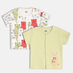 MINI KLUB Cotton Knit Pack Of 2 Half Sleeves Baby Bears Printed Jhablas - White Green & Beige-picture-24