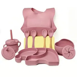 Luvlittle 11 Pcs Silicone Baby Feeding Set, Bpa Free & Microwave Safe Dinner Tableware Kit - Feeding Bowl, Suction Plate, Cup, Spoon, Fork & Bib for Kids Maroon (design and Colour May Vary)-image-14