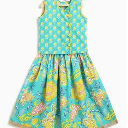 Campana 100% Cotton Woven Sleeveless Floral Printed Gota Lace Embellished Lehenga Choli Set - Turquoise & Yellow-image-89