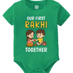 Baby Buzz 100% Cotton Knit Raksha Bandhan Theme Half Sleeves Our First Rakhi Together Text Printed Onesie - Green-picture-17