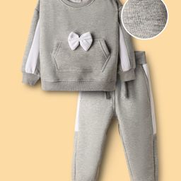 Mark & Mia Cotton Knit Full Sleeves Cut & Sew Design T-Shirt & Lounge Pant With Bow Applique & Kangaroo Pocket Detailing - Grey-picture-42
