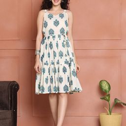Aawari Women Floral Print Shoulder Straps Sleeveless Fit & Flare Cotton Dress-image-55