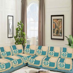 SAWNA HOMES Blue & White 6 Pieces Printed Velvet 6 Seater Sofa Covers-26