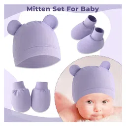 Bembika CottonSolid Cap With Coordinating Pair Of Mittens & Booties Set - Purple image 2