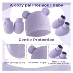 Bembika CottonSolid Cap With Coordinating Pair Of Mittens & Booties Set - Purple image 3