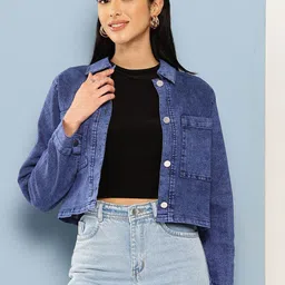 BAESD Women Spread Collar Washed Solid Denim Jacket-picture-10