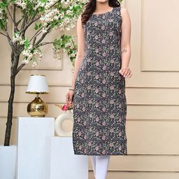 RI AND SU Floral Printed Kantha Work Sleeveless Cotton Straight Kurta-image-27