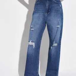 showoffff SHOWOFF Dark Blue Denim Distressed Mid Rise Jeans-picture-13
