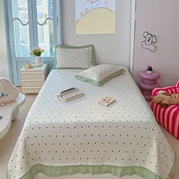 JC HOME White & Green Printed Double Bed King Cover With Pillow Covers-image-96