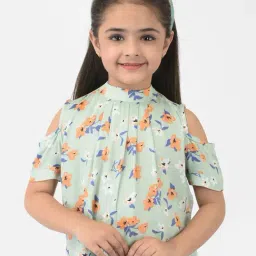 Crimsoune Club Girls Green Cold Shoulder Sleeves Floral Printed Top-image-1