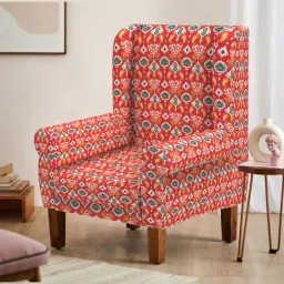 Chumbak Ikat Red Sheesham Wood Begum Wing Chair-16