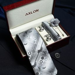 Axlon Men Geometric Tie, Cufflinks, Flower Pin & Pocket Square Accessory Gift Set-14