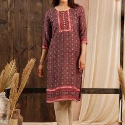 Odette Maroon Cotton Printed Straight Kurta-image-12