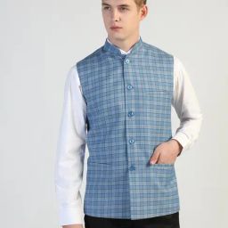 Tahvo Blue Wool Regular Checks Mens Waistcoats-image-80