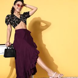 U&F Purple Solid Feminine Frills Skirt-image-8