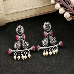 Sangria Silver Plated Stones Studded & Pearls Beaded Peacock Classic Shaped Drop Earrings-90