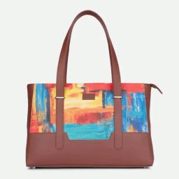 ZOUK Brown & Yellow Printed Tote Handbag With Pouch-89