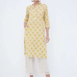 Melange by Lifestyle Mustard Cotton Printed Straight Kurta-image-15