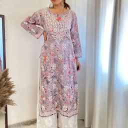 House of Chikankari Grey & Pink Embroidered Straight Kurta-image-25