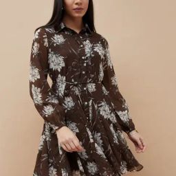 Code By Lifestyle Brown Regular Fit Floral Print Dress-picture-0