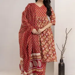 SINGNI Women Floral Printed Regular Pure Cotton Kurta with Trousers & With Dupatta-9