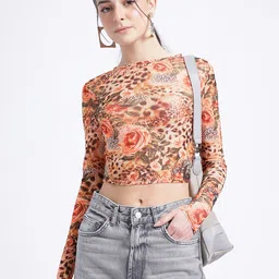 glitchez Rose Revival Floral Print Mesh Crop Top-image-2