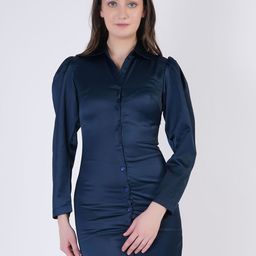 BERIAMO Shirt Collar Puff Sleeves Satin Shirt Mini Dress-image-39