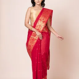 PUKU Ethnic Motifs Woven Design Zari Pure Cotton Taant Saree-picture-20
