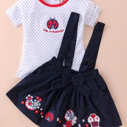 ToffyHouse 100% Cotton Knit Half Sleeves Polka Dots Top & Woven Corduroy Skirt Set With SuspenderFloral & Ladybug Embroidery - French Navy & White-picture-14
