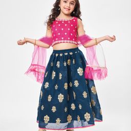 Babyhug Woven Sleeveles Floral Embroidered Choli with Lehenga and Dupatta Set - Teal Blue-image-71