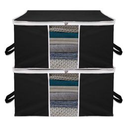 Kuber Industries Underbed Storage Bag   Clothes Storage Organizer  Blanket Cover with Clear Window  Zipper Closure & Handle Cloth Organizer  Plain White Border  Large  Pack of 2  Black-24