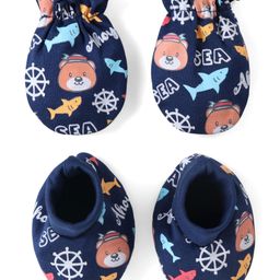 Babyhug 100% Cotton Mittens & Booties Set Sea Print - Navy Blue-image-1