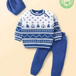 Babyhug Knitted Full Raglan Sleeves Pullover Sweater Set with Cap & Aztec Design - Blue-image-31