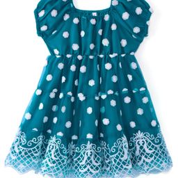 Babyhug Woven Short Sleeves Mid Length Net Sequinned Embroidered Ethnic Dress - Teal-image-17