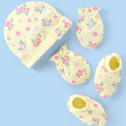 Babyhug 100% Cotton Floral Printed Cap Mittens & Booties - Light Yellow-image-53