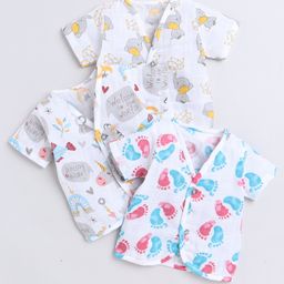 Polka Tots Pack Of 3 Cotton Half Sleeves  Elephant Printed Jhablas - White-image-60