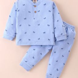 Zero Interlock Knit Full Sleeves Night Suit with Horse Print - Sky Blue-87