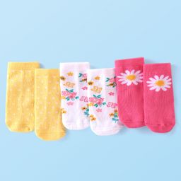 Cutewalk By Babyhug Anti Bacterial Ankle Length Floral & Polka Dots Design Socks Pack of 3 - Yellow Pink & White-image-49