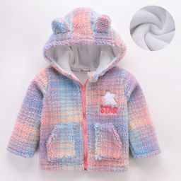 Kookie Kids Full Sleeves Hooded Winter Fur Jacket With Ear Applique & Text Print - Pink-image-46